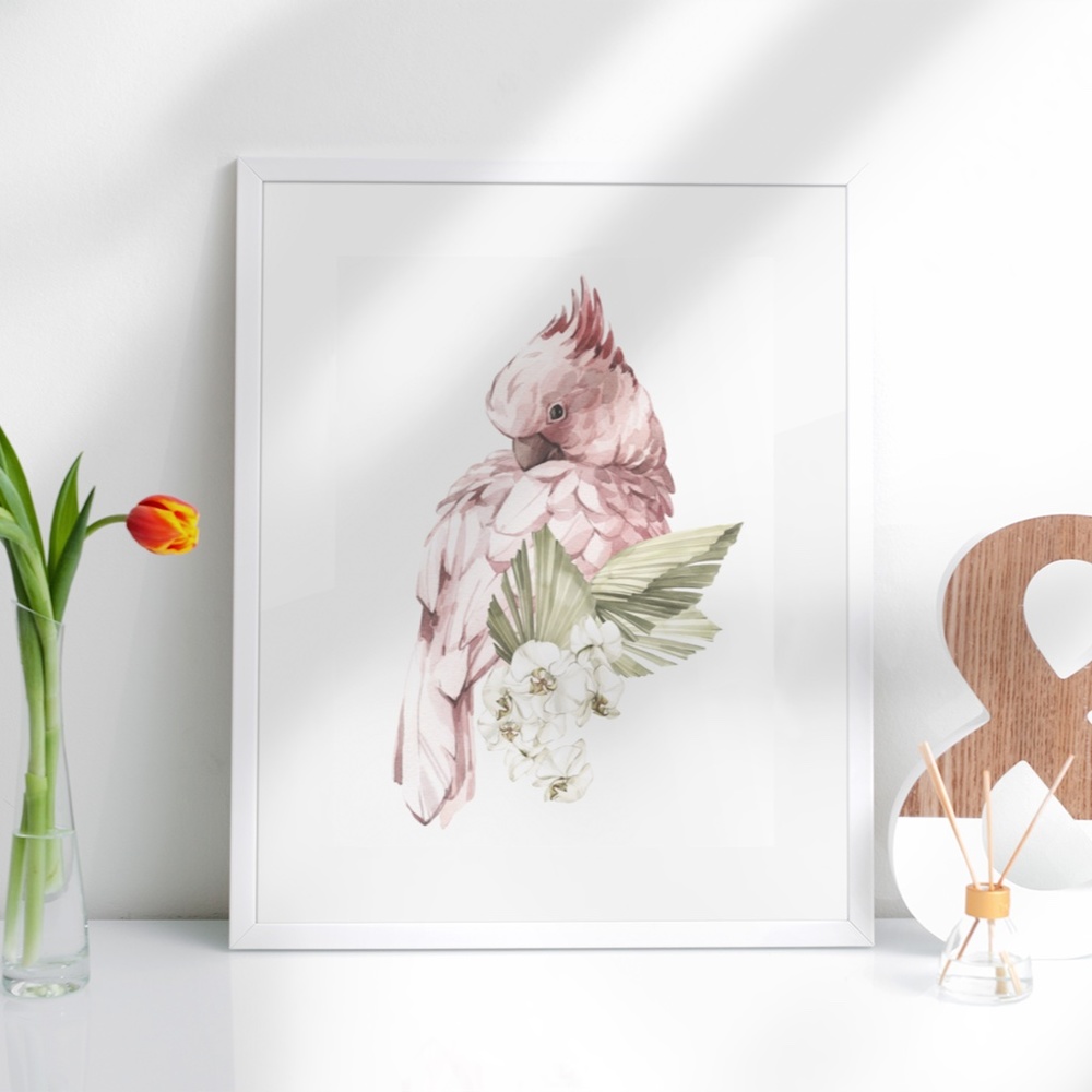 Pink Cockatoo Watercolor Illustration Wall Art Print Unframed - Picture 11 of 11